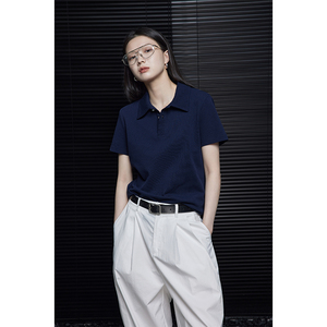 moment藏蓝色polo领t恤女高级感纯棉短袖2023夏季新款设计感小众