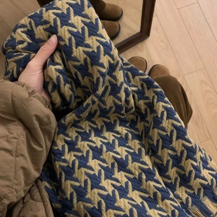 百搭仿羊绒学生保暖女生围脖高级感 韩版 千鸟格围巾女冬季 2024新款