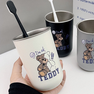 原创可爱泰迪熊牙刷杯304不锈钢卡通简约创意情侣一对刷牙漱口杯