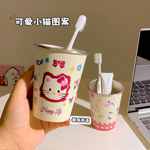 可爱少女心蝴蝶结小猫洗漱杯304不锈钢情侣闺蜜装 学生刷牙漱口杯