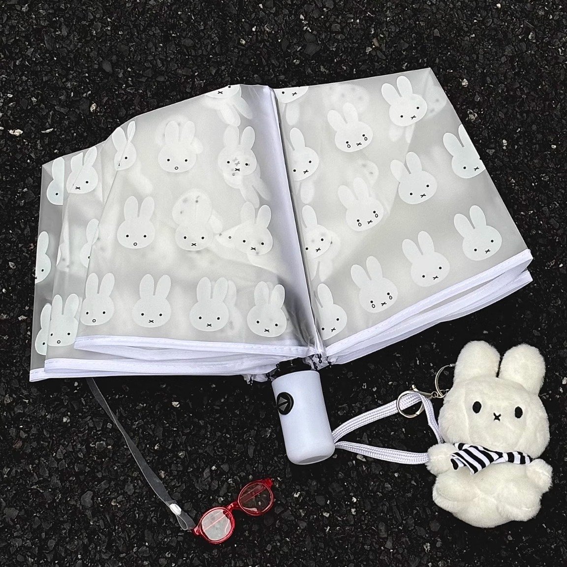 米菲兔透明磨砂全自动雨伞可爱折叠卡通便携儿童女生学生加厚款