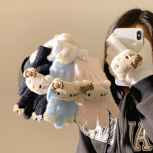 可爱豹纹kt猫分指日系手套秋冬季 加厚保暖毛绒手套女学生户外骑行