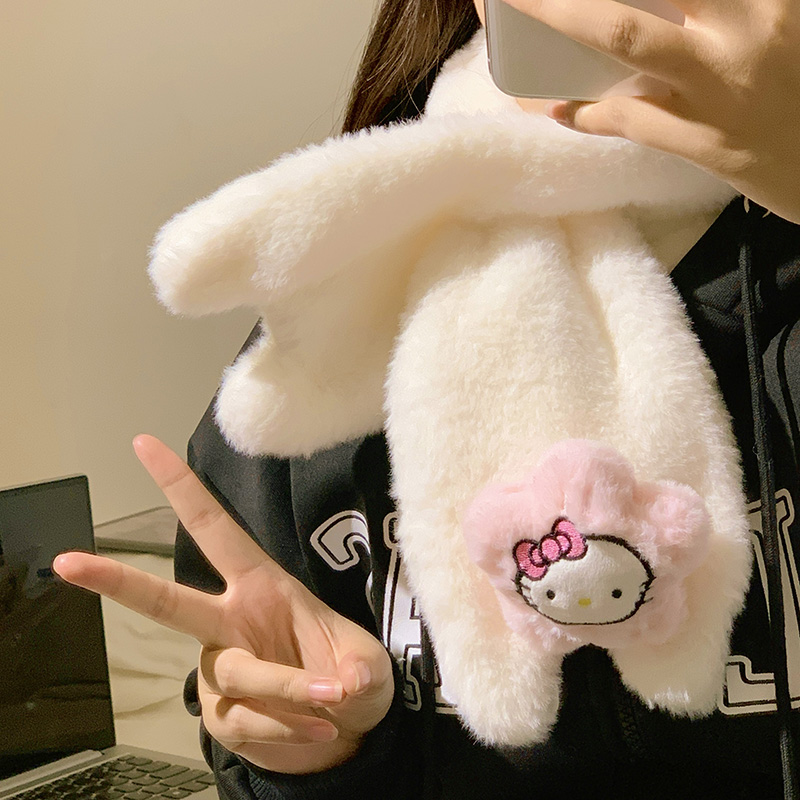 冬季保暖kt猫两件套高级白色可爱耳罩手套围脖女学生用防冻显脸小