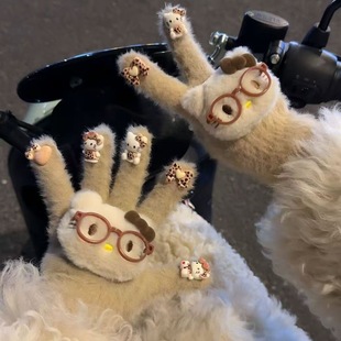 可爱豹纹Kt奶呼呼毛茸茸猫咪手套秋冬季 保暖学生户外骑行毛绒手套