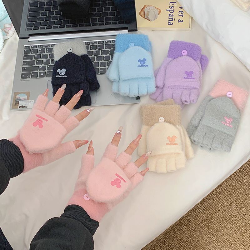 冬季多巴胺学生儿童写字高颜值小熊保暖手套半指翻盖式可触屏手套