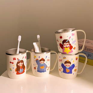 奇思妙想一家漱口杯家用304可爱不锈钢高颜值情侣刷牙卡通杯子