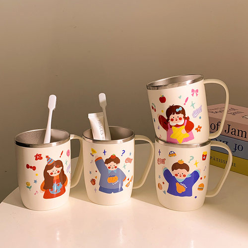 奇思妙想一家漱口杯家用304可爱不锈钢高颜值情侣刷牙卡通杯子