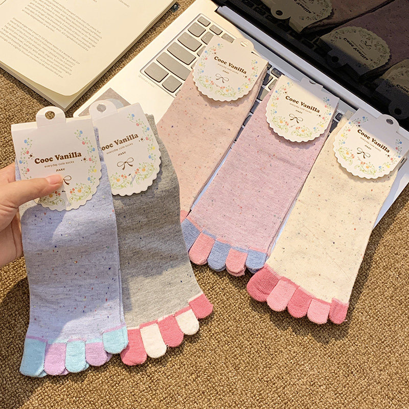 五指袜女纯棉防臭中筒袜春秋季白色长袜脚趾日系泼墨分趾袜子女款