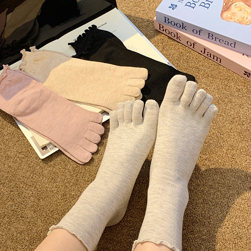 五指袜女纯棉防臭中筒袜春秋日系分趾袜纯色中腰长袜花边简约百搭
