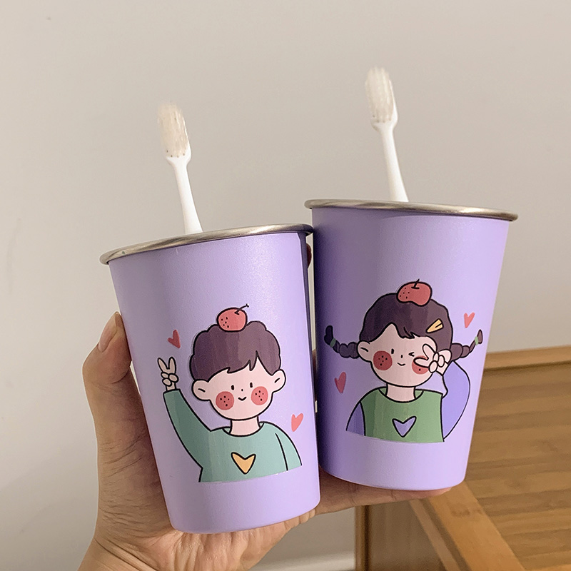 卡通比耶男孩女孩原创高颜值可爱漱口不锈钢牙刷杯耐脏情侣洗漱杯