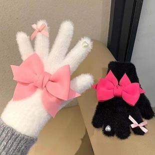 蝴蝶结可触屏手套可爱毛绒冬季 保暖手套女加厚软糯学生骑行手套