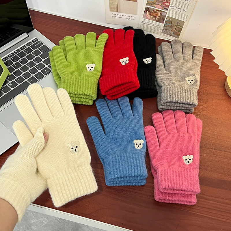 可爱小熊露指触屏针织毛线五指手套女士冬季保暖加厚骑行骑车学生