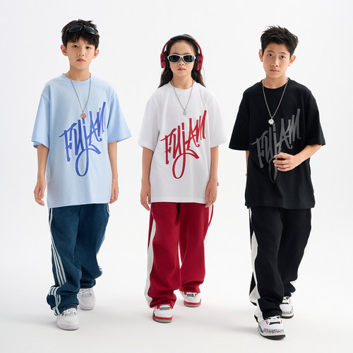 FUJAM儿童街舞潮牌美式嘻哈设计感潮流短袖hiphop童装少儿演出服