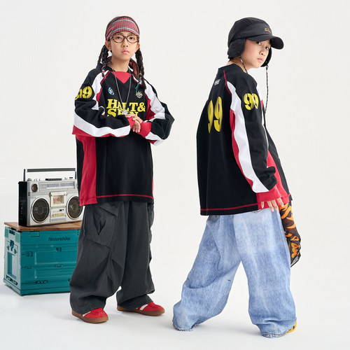 FUJAM潮牌童装儿童街舞潮服复古撞色设计长袖少儿hiphop演出服装