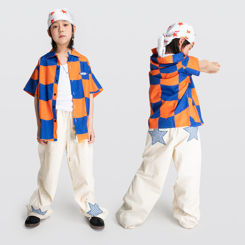 FUJAM潮牌儿童装hiphop宽松衬衫少儿街舞服装儿童帅气演出服夏季