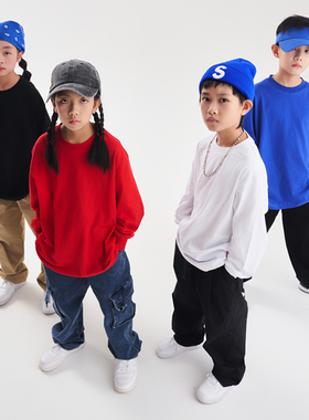 服酱儿童装纯棉宽松百搭长袖T恤白色儿童上衣内搭嘻哈街舞打底衫