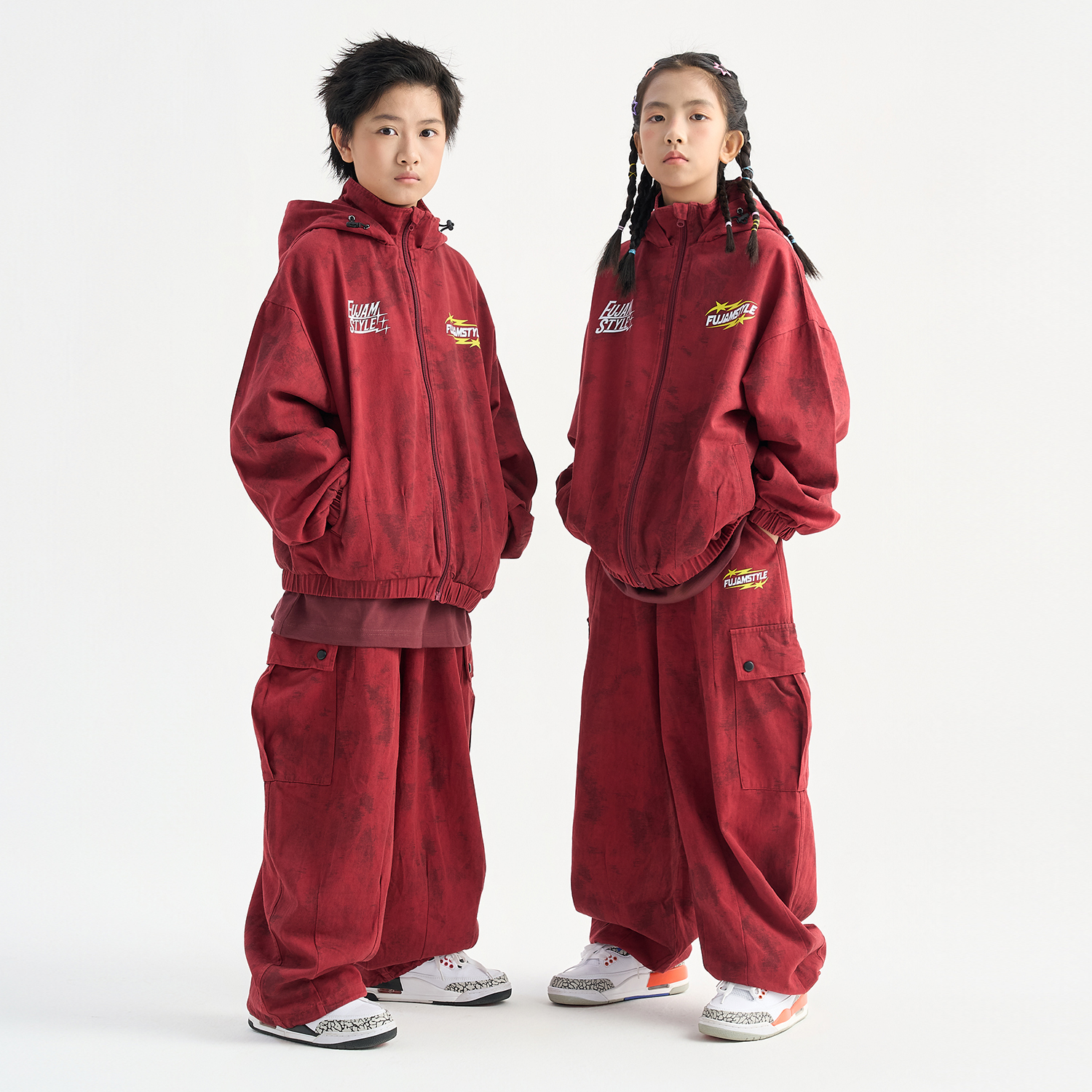 FUJAM儿童街舞潮牌复古水洗工装裤红色套装少儿hiphop潮酷演出服