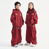 红色套装 FUJAM儿童街舞潮牌复古水洗工装 裤 少儿hiphop潮酷演出服