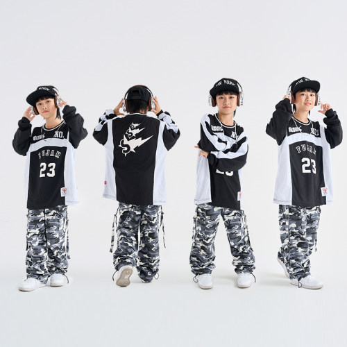 FUJAM潮牌童装少儿街舞套装美式复古撞色拼接长袖hiphop演出服装