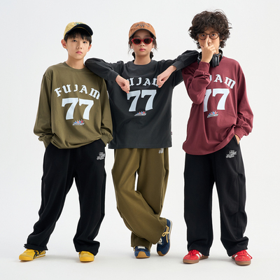 FUJAM潮牌儿童装学院风字母印花圆领长袖T恤少儿街舞hiphop演出服