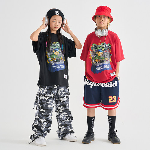 服酱儿童街舞短袖套装美式hiphop涂鸦潮牌T恤演出服嘻哈帅气服装
