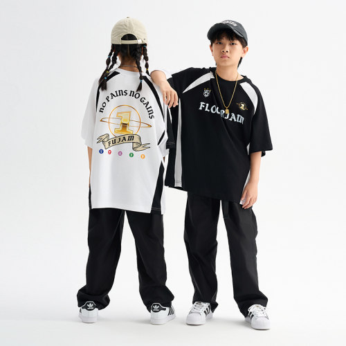 FUJAM儿童街舞潮服男女童少儿嘻哈纯棉短袖hiphop街舞潮流演出服