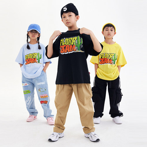 少儿街舞美式HIPHOP嘻哈潮服popping宽松纯棉短袖BBOY帅气演出服