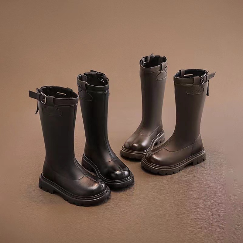 女童鞋子儿童长筒高筒长靴子2025秋冬新款皮靴中大童女孩二棉代发