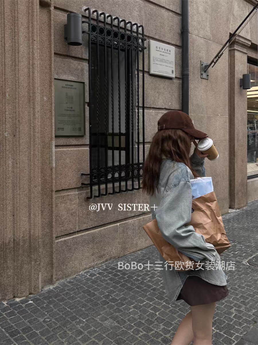秋JVV SISTER韩系百搭牛仔衬衫单排扣做旧宽松浅色个性牛仔外套女