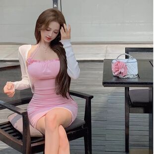 性感紧身包臀吊带裙女修身美背挂脖连衣裙收腰弹性辣妹打底短裙子