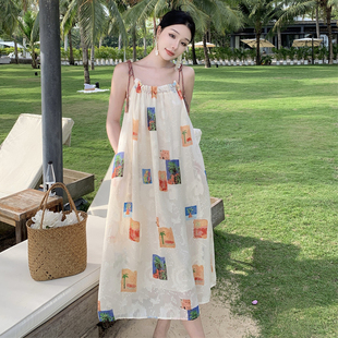 高端海边度假碎花吊带连衣裙女夏甜美超仙女宽松显瘦沙滩长裙 法式
