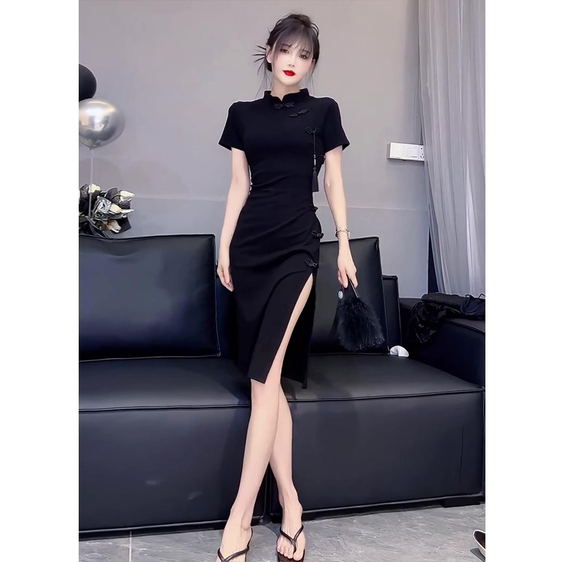 高级感复古新中式改良旗袍女夏黑