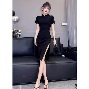 高级感复古新中式改良旗袍女夏黑色开叉包臀裙国风流苏盘扣连衣裙