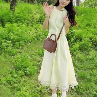 温柔风露腰中长裙子 新款 茶歇法式 拼接蕾丝蝴蝶结挂脖连衣裙女夏季