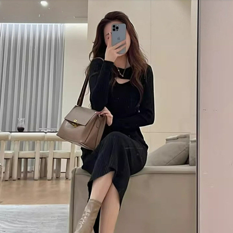 春秋韩版镂空设计感长袖针织连衣裙女宽松中长款过膝时尚打底长裙