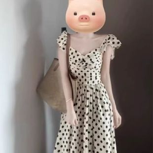 温柔系褶皱收腰显瘦气质长款 海边度假风高级感波点连衣裙夏季 裙子