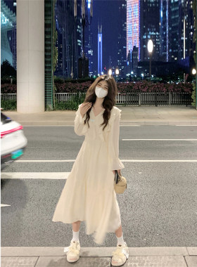 法式v领荷叶边连衣裙长裙女夏季春秋小个子茶歇仙女小白裙裙子夏