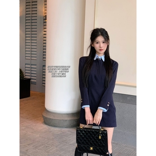 早秋长袖西装连衣裙女设计感小众收腰假两件高级感黑色裙子春秋季