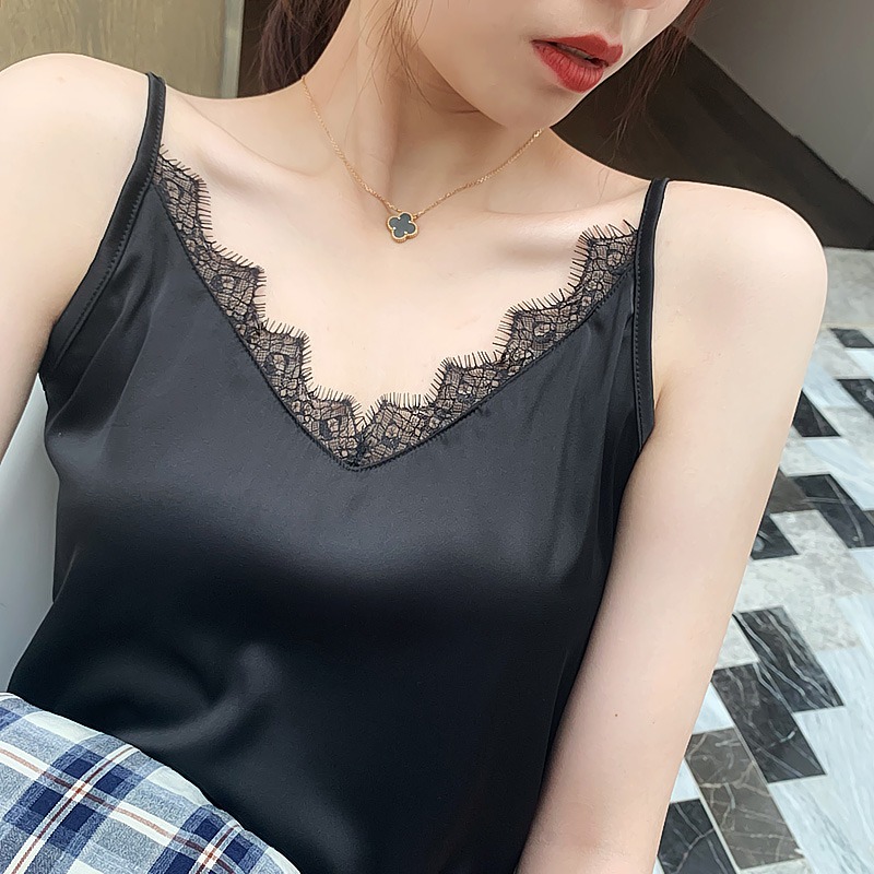 V领丝绸缎面蕾丝吊带背心女内搭