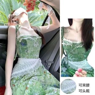 蕾丝束腰裙子潮 一整套油画碎花韩系连衣裙显瘦中长款 今年夏季 新款