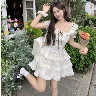 甜美波点方领连衣裙女夏季新款纯欲学生温柔风公主裙高腰蛋糕短裙