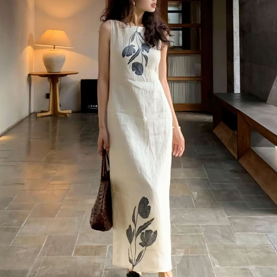 法式茶歇温柔风无袖连衣裙子女夏