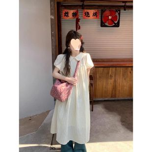连衣裙 大码 女装 微胖mm夏季 日系复古宽松遮肉显瘦格子娃娃领泡泡袖