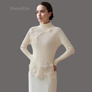 Marie Elie法式蕾丝拼接半高领针织衫女蝴蝶结打底衫温柔风毛衣