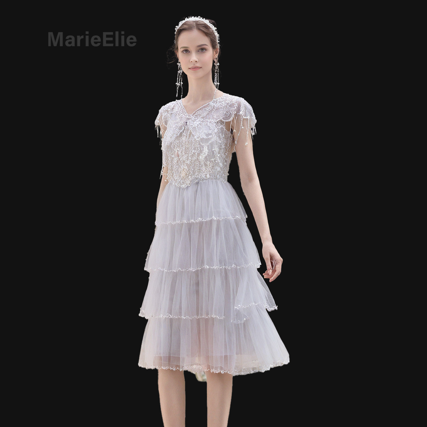 Marie Elie法式千金风网纱连衣裙女重工钉珠蛋糕裙中长款淑女裙