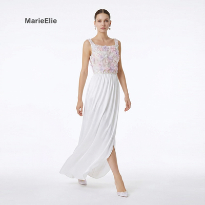 法式浪漫花朵刺绣吊带长款连衣裙