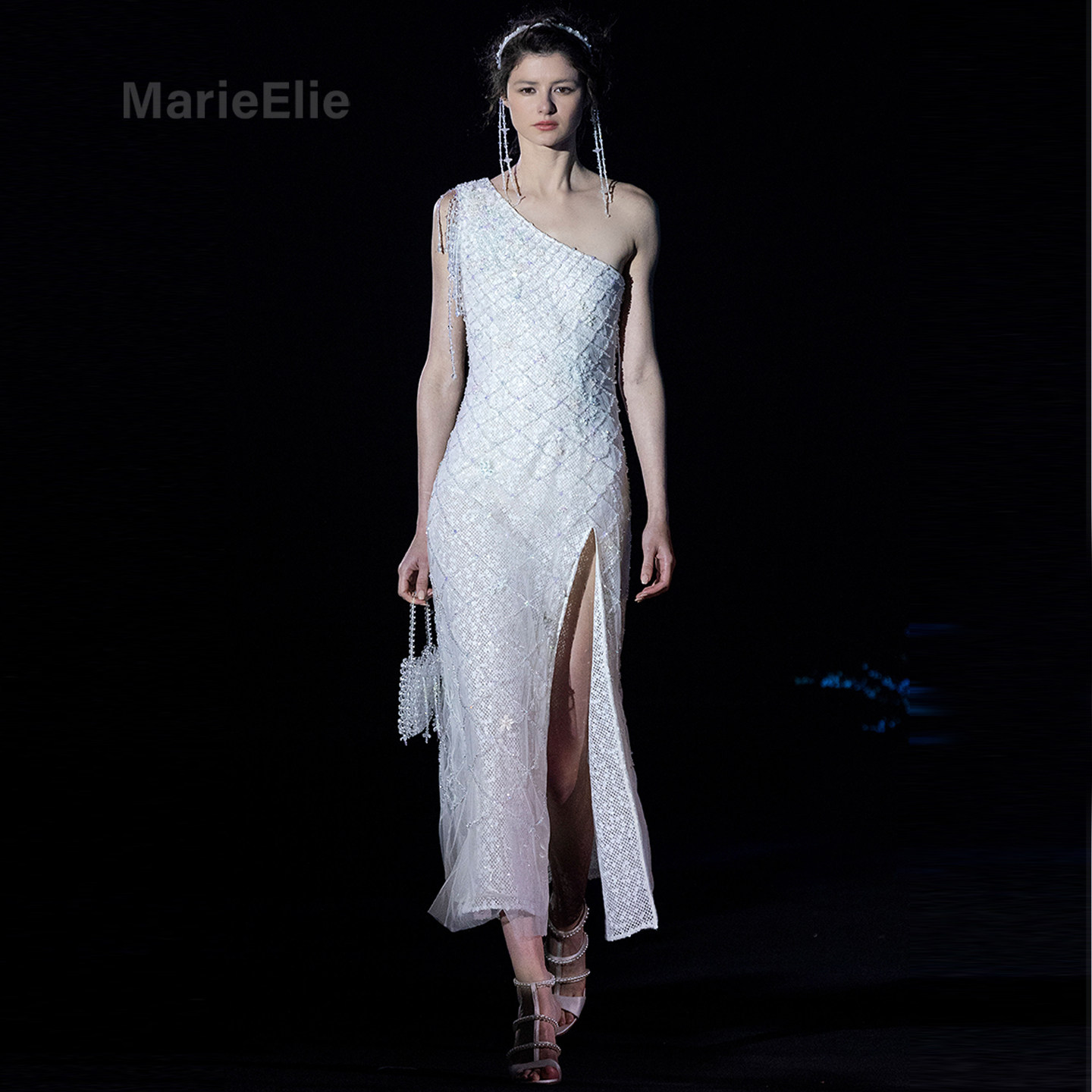 Marie Elie性感风单肩亮片连衣裙女开叉长裙高级感气质礼服裙