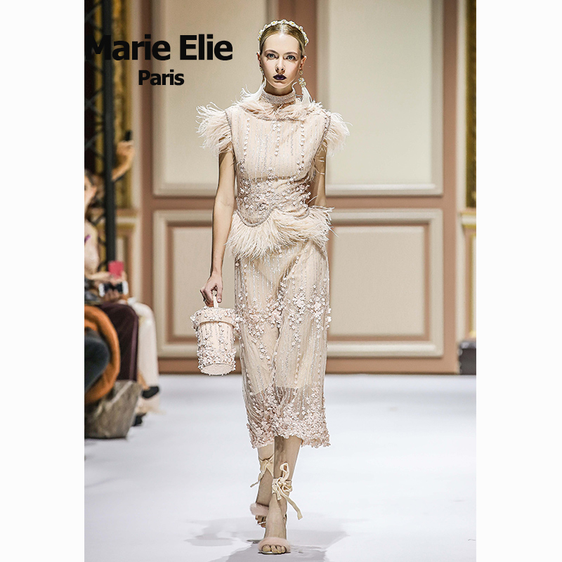 Marie Elie2018巴黎秀款 桃粉色梦幻花朵连衣裙E2811M02035