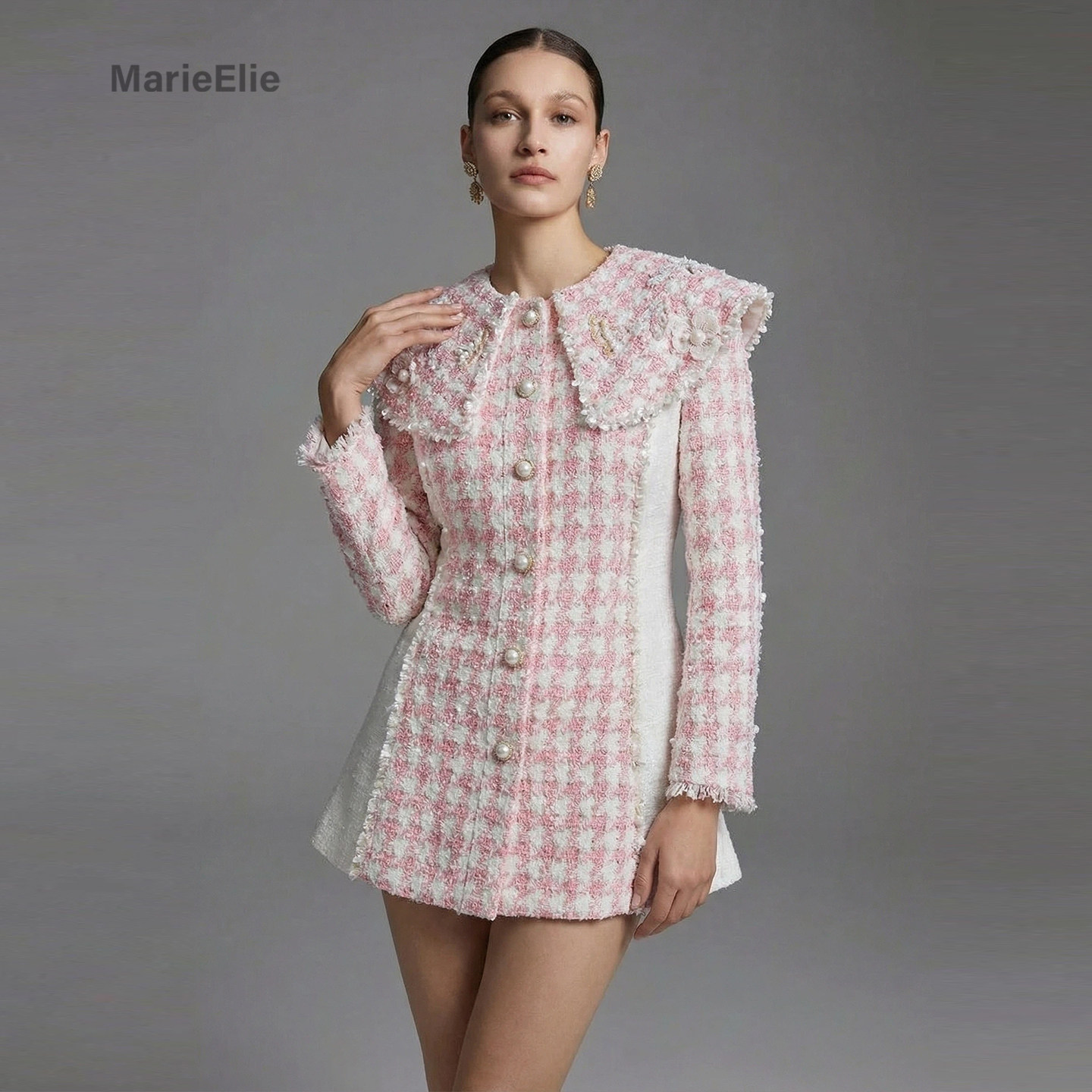 小香风粗花呢外套女短款千金风珍珠扣荷叶边粉色格子呢子外套,女装/女士精品,毛呢外套,淘宝优惠券,粉丝福利购,淘宝优惠卷