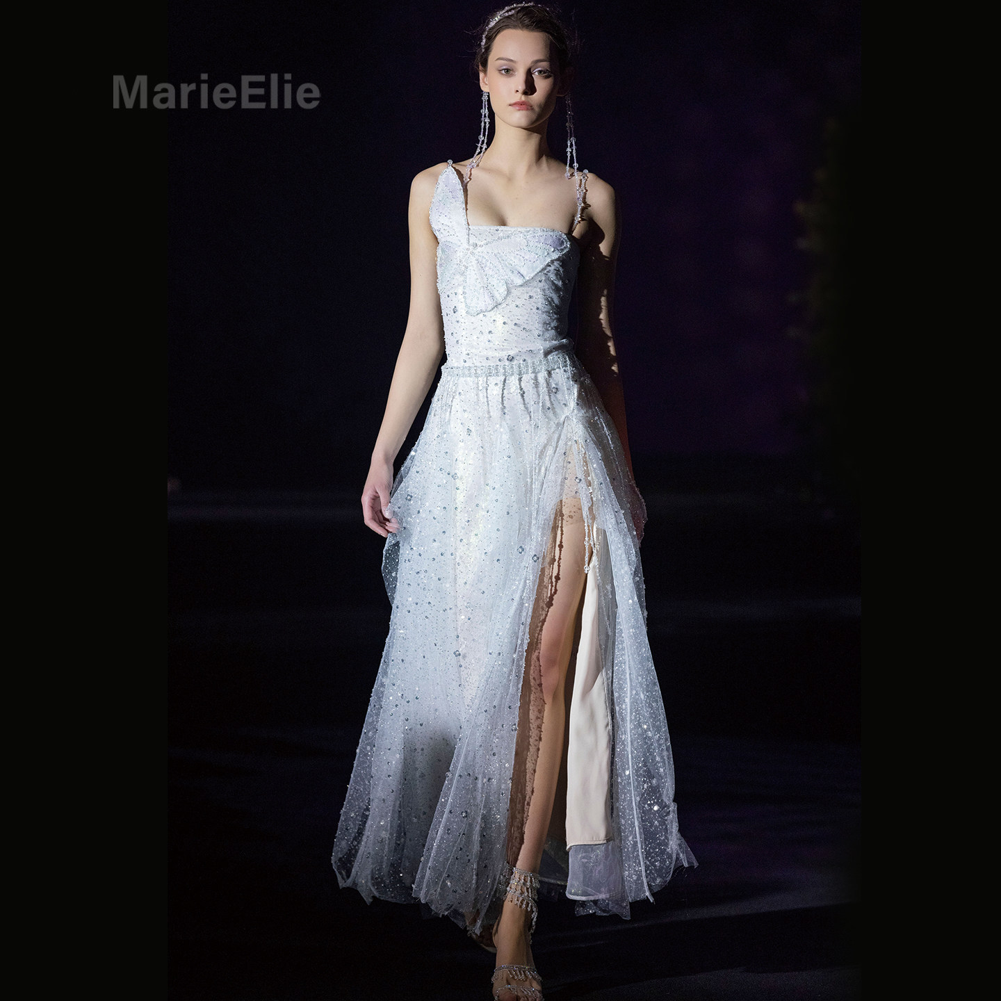 Marie Elie华丽风白色亮片吊带连衣裙女高级感开叉长裙晚礼服宴会